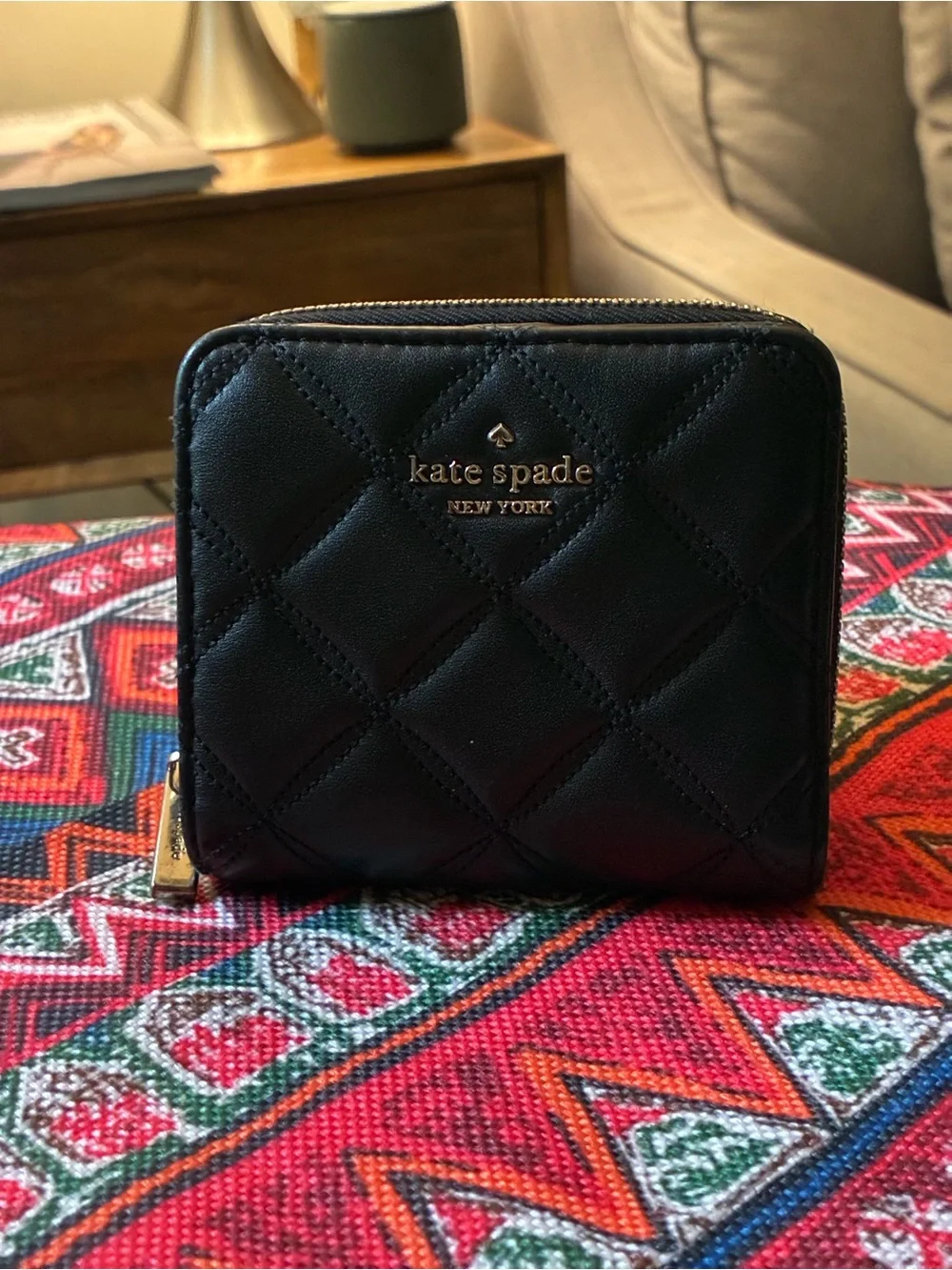kate spade Black Quilted Zip-Around Compact Wallet